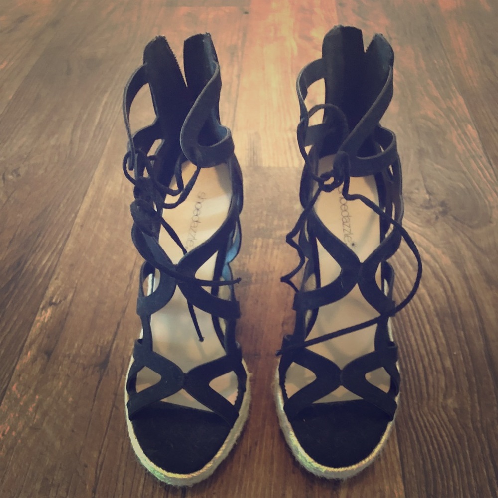 Strappy, black wedge sandals